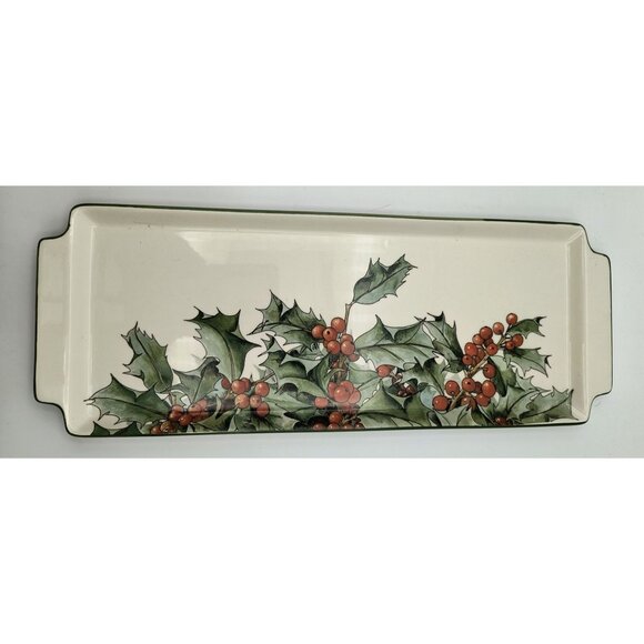 Le Houx Gien France Ceramic Sandwich Tray Holly Berry Design 15" X 6" Ivory & Gr - Picture 1 of 7